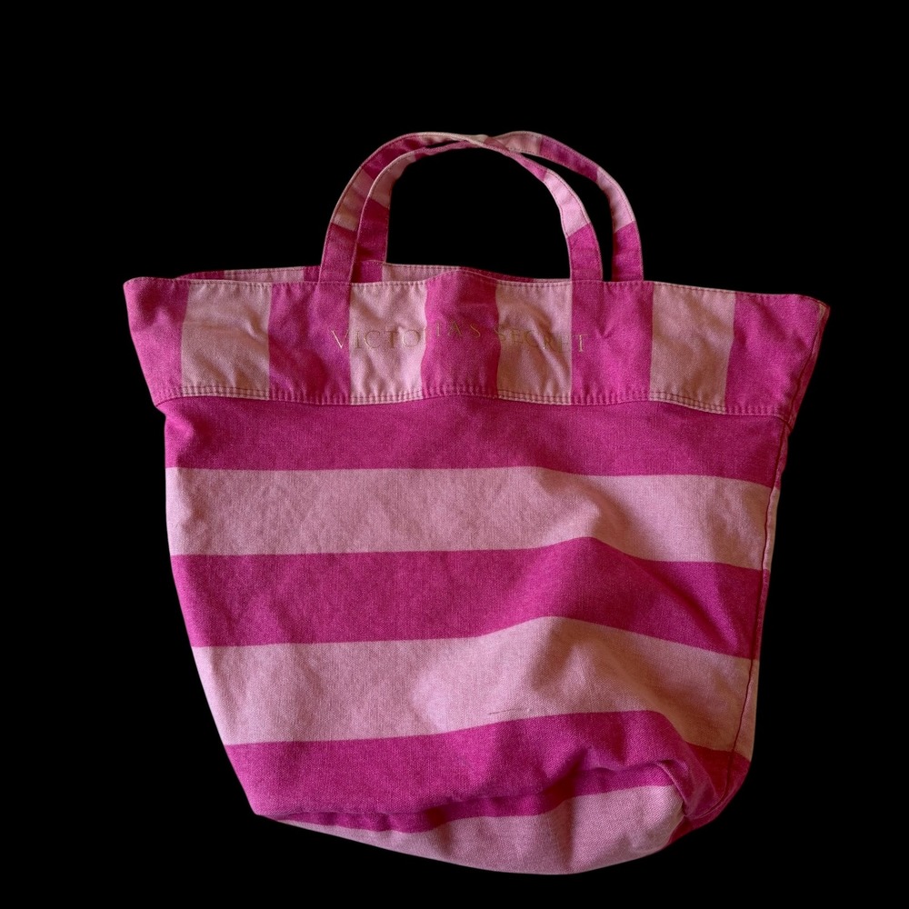 Y2K Victoria's Secret Pink Striped Canvas Tote Bag Large Beach Shopper Gold Logo